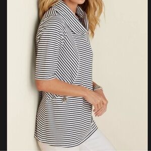 Soft Surroundings Promenade Tunic Top White Black Striped Pockets Coastal Resort
